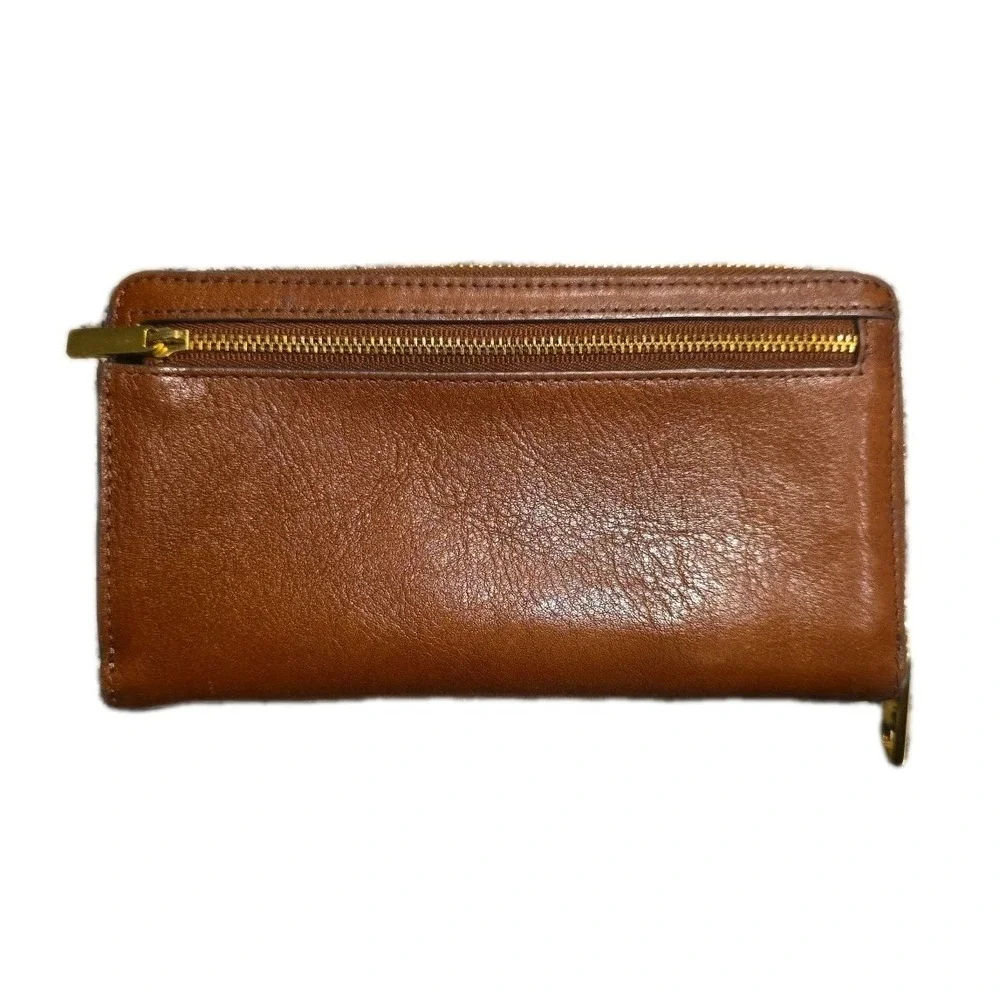Fossil Liza Slim Bifold Clutch Wallet Brown Leather Purse with Brass Detail